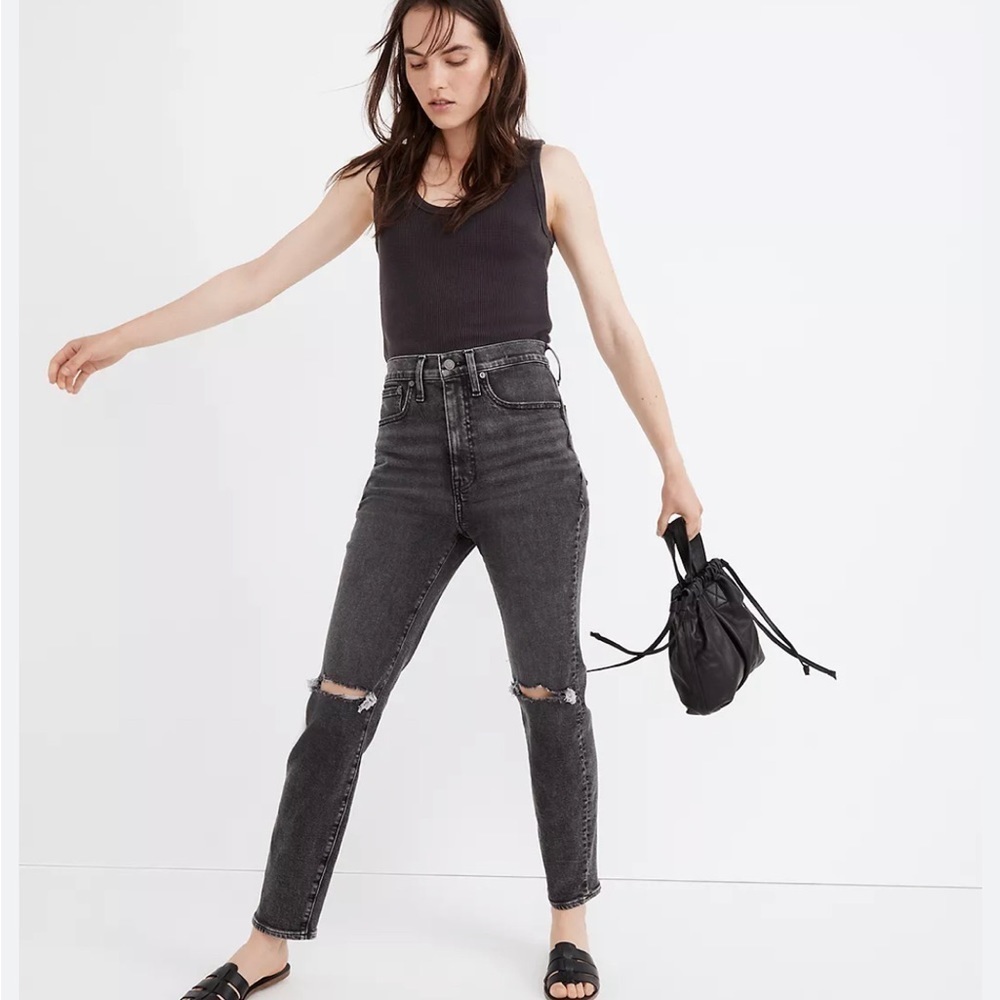 Madewell woman’s distressed black moms jean